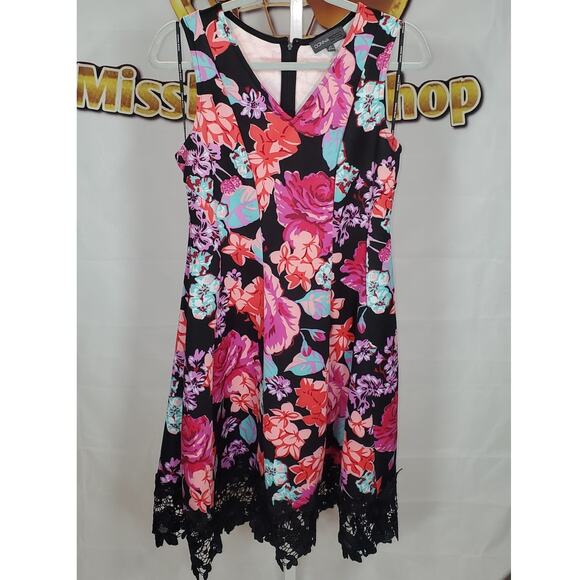 Donna Ricco New York Floral Sleeveless Fit & Flare Dress with Lace Hem Size 12 - Picture 1 of 7